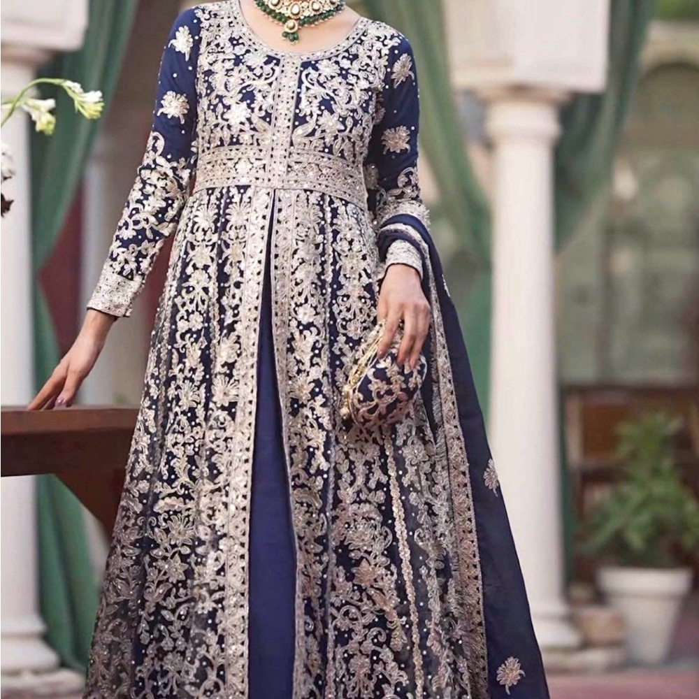 Embroidered Navy Long Sleeve Formal Anarkali Dress